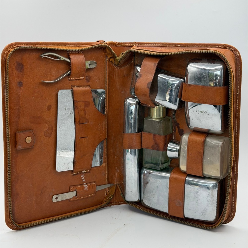 VTG 11" BOSCA BUILT Leather Travel Grooming Kit Toiletry Shaving Case Old Money